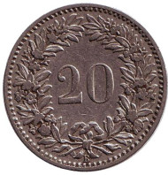 Монета 20 раппенов. 1899 год, Швейцария. Монета 20 раппенов. 1899 год, Швейцария.