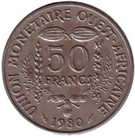 Монета 50 франков. 1980 год, Западные Африканские штаты. Монета 50 франков. 1980 год, Западные Африканские штаты.