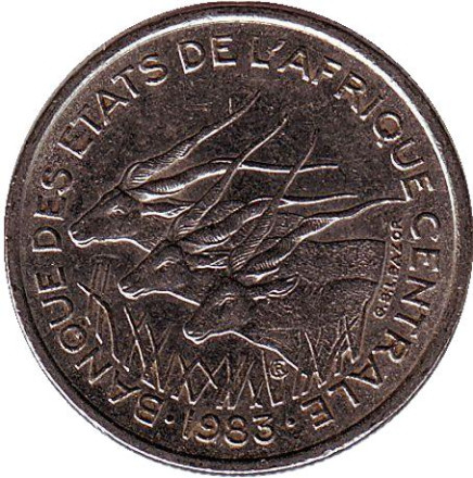 Монета 50 франков. 1983 год (D), Центральные Африканские штаты. Африканские антилопы. (Западные канны).