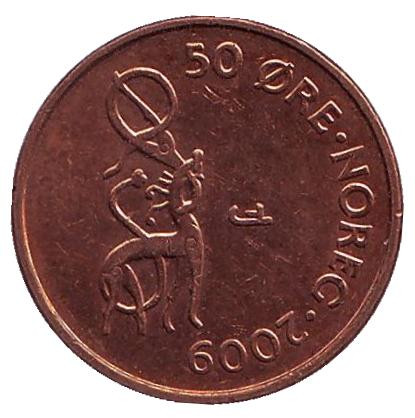 Монета 50 эре. 2009 год, Норвегия. Животное.