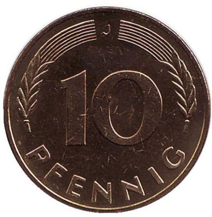 Монета 10 пфеннигов. 1979 год (J), ФРГ. UNC. Дубовые листья.