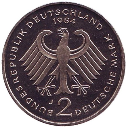 Монета 2 марки. 1984 год (J), ФРГ. Курт Шумахер. Монета 2 марки. 1984 год (J), ФРГ. Курт Шумахер.