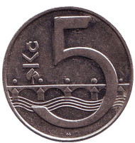 Монета 5 крон. 1993 год, Чехия. Монета 5 крон. 1993 год, Чехия.