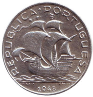 Монета 5 эскудо. 1948 год, Португалия. Парусный корабль. Монета 5 эскудо. 1948 год, Португалия. Парусный корабль.