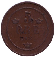 Монета 5 эре. 1877 год, Швеция. Монета 5 эре. 1877 год, Швеция.