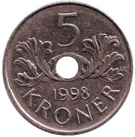 Монета 5 крон. 1998 год, Норвегия. Монета 5 крон. 1998 год, Норвегия.