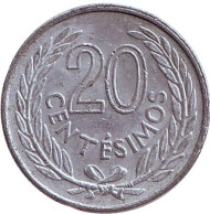 Монета 20 сентесимо. 1965 год, Уругвай. Монета 20 сентесимо. 1965 год, Уругвай.