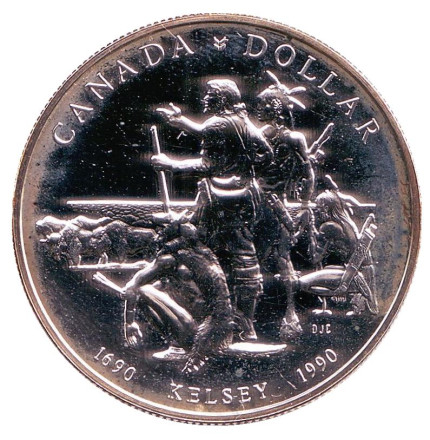 Монета 1 доллар. 1990 год, Канада. BU. 300 лет путешествию Генри Келси.