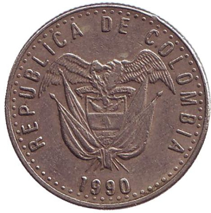 Монета 50 песо. 1990 год, Колумбия.