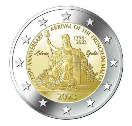 Монета 2 евро. 2023 год, Мальта. 225-я годовщина вторжения французов на Мальту. Монета 2 евро. 2023 год, Мальта. 225-я годовщина вторжения французов на Мальту.