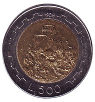 Монета 500 лир. 1988 год, Сан-Марино. Фортификация. Вторая башня. Честа. Монета 500 лир. 1988 год, Сан-Марино. Фортификация. Вторая башня. Честа.