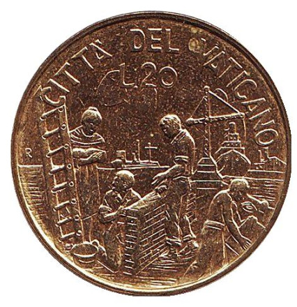 Монета 20 лир. 1999 год, Ватикан. Работа. Право на реализацию своего потенциала.