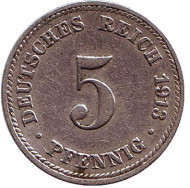Монета 5 пфеннигов. 1913 год (D), Германская империя. Монета 5 пфеннигов. 1913 год (D), Германская империя.