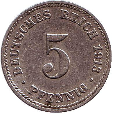 Монета 5 пфеннигов. 1913 год (D), Германская империя.