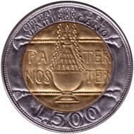Монета 500 лир. 1993 год, Ватикан. Отче наш. Монета 500 лир. 1993 год, Ватикан. Отче наш.