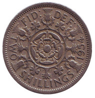 Монета 2 шиллинга. 1954 год, Великобритания.