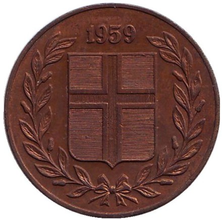 Монета 5 аураров. 1959 год, Исландия.