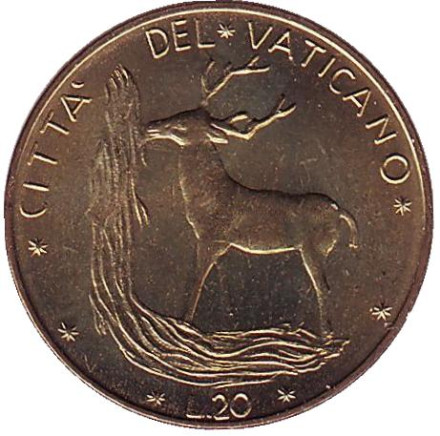 Монета 20 лир. 1971 год, Ватикан. Благородный олень.