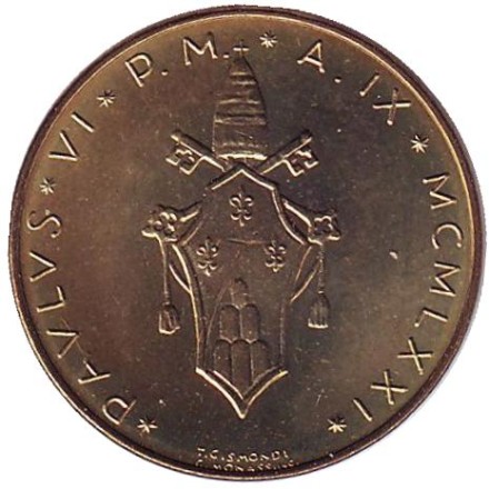 Монета 20 лир. 1971 год, Ватикан. Благородный олень. Монета 20 лир. 1971 год, Ватикан. Благородный олень.