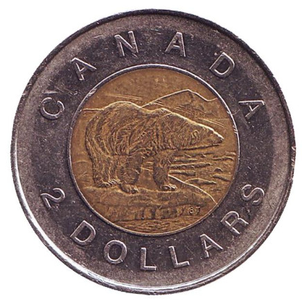 Монета 2 доллара. 2002 год, Канада. 50 лет правления Королевы Елизаветы II. Полярный медведь.