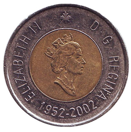 Монета 2 доллара. 2002 год, Канада. 50 лет правления Королевы Елизаветы II. Полярный медведь. Монета 2 доллара. 2002 год, Канада. 50 лет правления Королевы Елизаветы II. Полярный медведь.