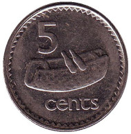 Монета 5 центов. 1997 год, Фиджи. Фиджийский барабан (лали). Монета 5 центов. 1997 год, Фиджи. Фиджийский барабан (лали).