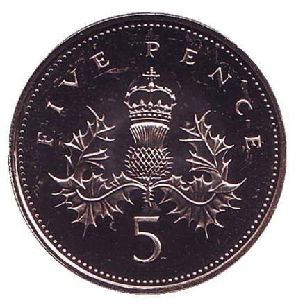 Монета 5 пенсов. 1990 год, Великобритания. Старый тип. BU.
