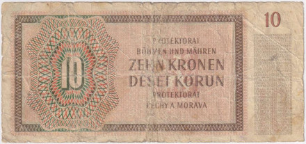 Банкнота 10 крон. 1942 год, Протекторат Богемии и Моравии.
