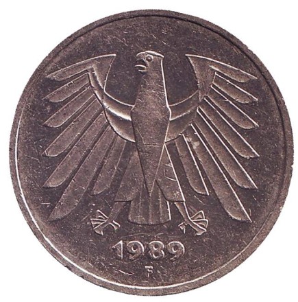 Монета 5 марок. 1989 год (F), ФРГ.