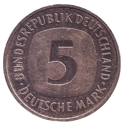 Монета 5 марок. 1989 год (F), ФРГ.