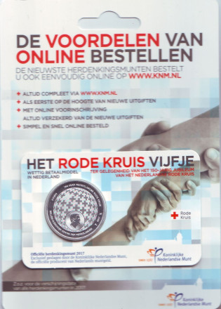 Монета 5 евро. 2017 год, Нидерланды. 150 лет Голландскому Красному Кресту.