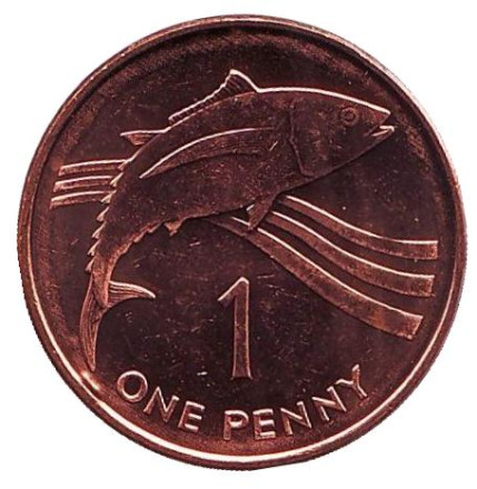 Монета 1 пенни. 1997 год, Острова Святой Елены и Вознесения. Тунец.