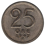 Монета 25 эре. 1947 год, Швеция. (Толстая "7") Монета 25 эре. 1947 год, Швеция. (Толстая "7")