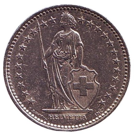 Монета 1 франк. 1992 год, Швейцария. Гельвеция. Монета 1 франк. 1992 год, Швейцария. Гельвеция.