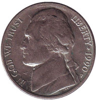 Монета 5 центов. 1990 год (P), США. Джефферсон. Монтичелло. Монета 5 центов. 1990 год (P), США. Джефферсон. Монтичелло.