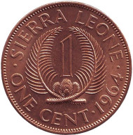 Монета 1 цент. 1964 год, Сьерра-Леоне. Монета 1 цент. 1964 год, Сьерра-Леоне.