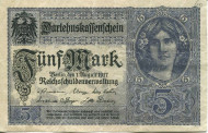 Банкнота 5 марок. 1917 год, Германская империя.