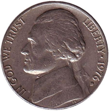Монета 5 центов. 1976 год (D), США. Джефферсон. Монтичелло.