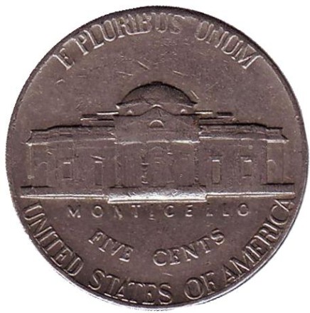 Монета 5 центов. 1976 год (D), США. Джефферсон. Монтичелло.