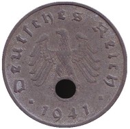 Монета 10 рейхспфеннигов. 1941 год, Германия (Третий Рейх). (F). Монета 10 рейхспфеннигов. 1941 год, Германия (Третий Рейх). (F).