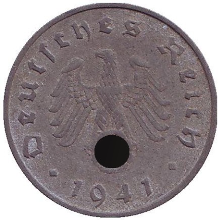 Монета 10 рейхспфеннигов. 1941 год, Германия (Третий Рейх). (F). Монета 10 рейхспфеннигов. 1941 год, Германия (Третий Рейх). (F).