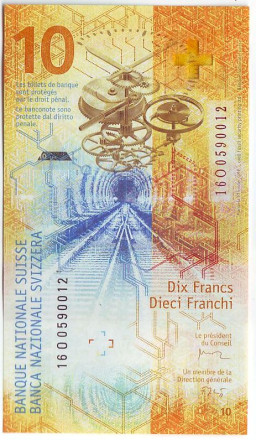 Банкнота 10 франков. 2016 год, Швейцария. Тип 1. Банкнота 10 франков. 2016 год, Швейцария. Тип 1.