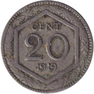Монета 20 чентезимо. 1919 год, Италия. Новый тип, гладкий гурт. Монета 20 чентезимо. 1919 год, Италия. Новый тип, гладкий гурт.