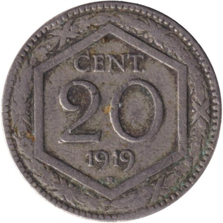 Монета 20 чентезимо. 1919 год, Италия. Новый тип, гладкий гурт. Монета 20 чентезимо. 1919 год, Италия. Новый тип, гладкий гурт.
