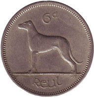 Монета 6 пенсов. 1963 год, Ирландия. Ирландский волкодав.