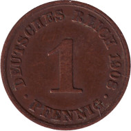 Монета 1 пфенниг. 1908 год (А), Германская империя. Монета 1 пфенниг. 1908 год (А), Германская империя.