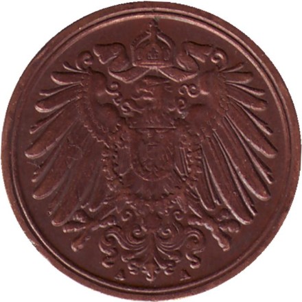 Монета 1 пфенниг. 1908 год (А), Германская империя.