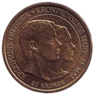 Монета 20 крон. 2004 год, Дания. Свадьба Принца Фредерика и Мисс Мэри Дональдсон. Монета 20 крон. 2004 год, Дания. Свадьба Принца Фредерика и Мисс Мэри Дональдсон.