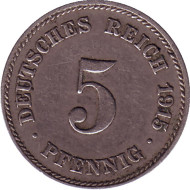Монета 5 пфеннигов. 1915 год (J), Германская империя. Немагнитная. Монета 5 пфеннигов. 1915 год (J), Германская империя. Немагнитная.