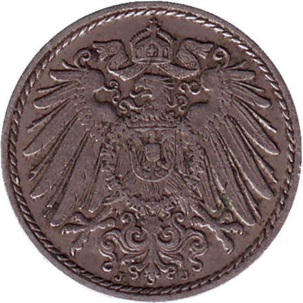 Монета 5 пфеннигов. 1915 год (J), Германская империя. Немагнитная. Монета 5 пфеннигов. 1915 год (J), Германская империя. Немагнитная.